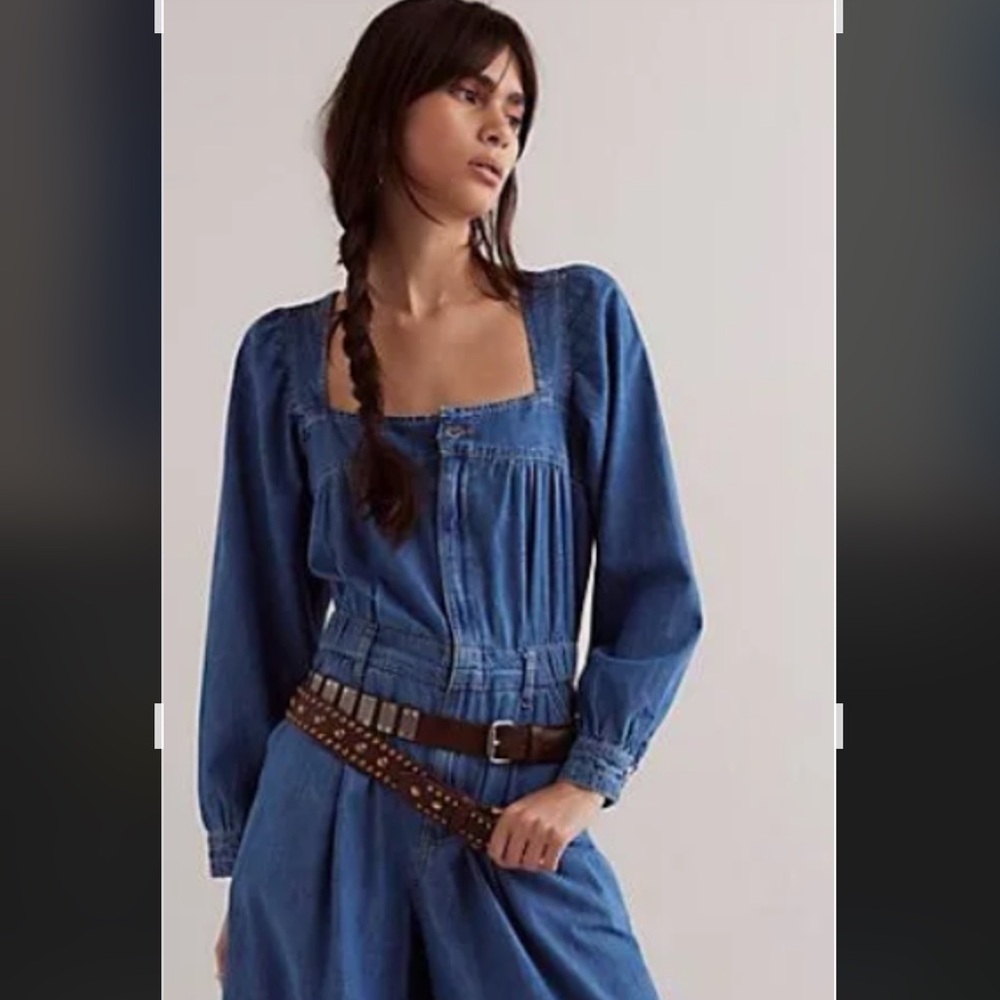 Denim Square-Neck Jumpsuit in Blue